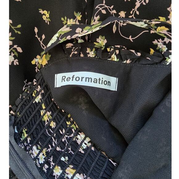 Reformation Christine Black Floral Mini Dress Sz 4 — Ruffled Hem & Tie Straps - Picture 3 of 4